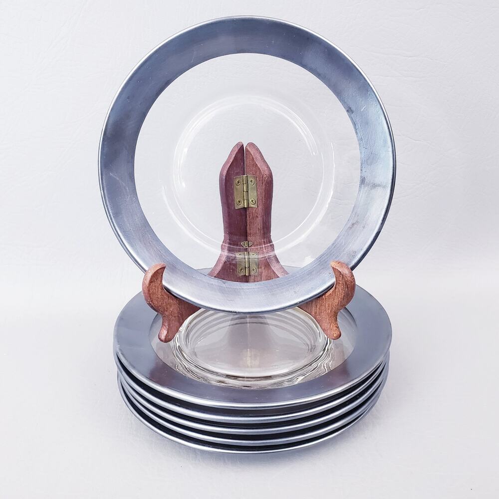 Dorothy Thorpe MCM Sterling Silver Overlay Edge 6 Cocktail Appetizer Plates